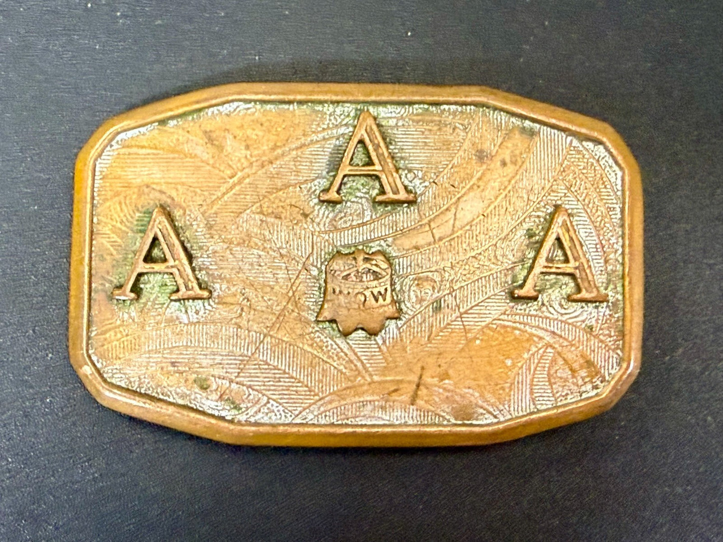 Three Letter AAA Logo Symbol Unknown? WOW Co Antique Hook-Fast Belt Buckle
