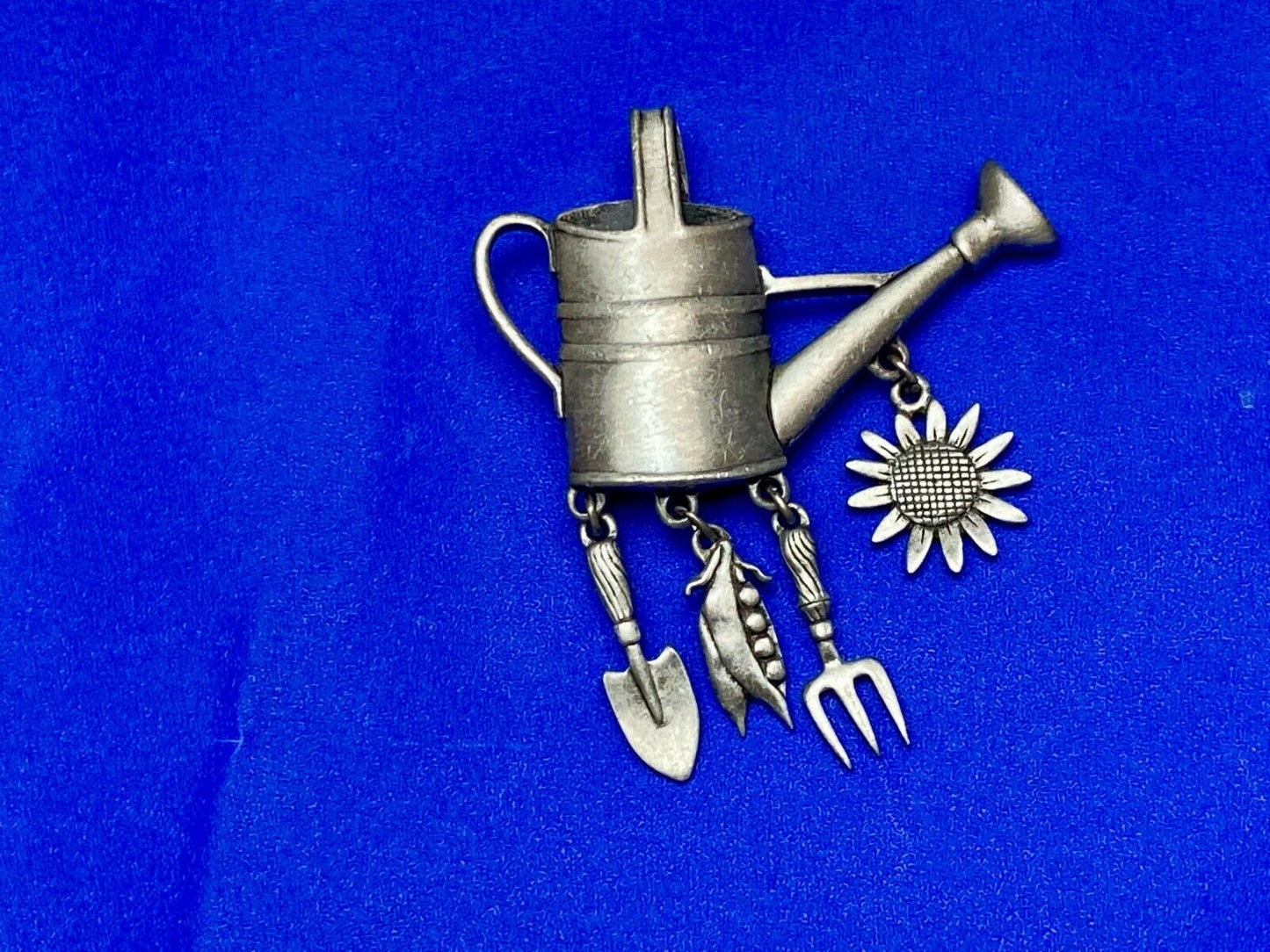 VINTAGE *J.J.*PEWTER GARDENING WATERING CAN BROOCH PIN W/THEMED FIGURAL DANGLES