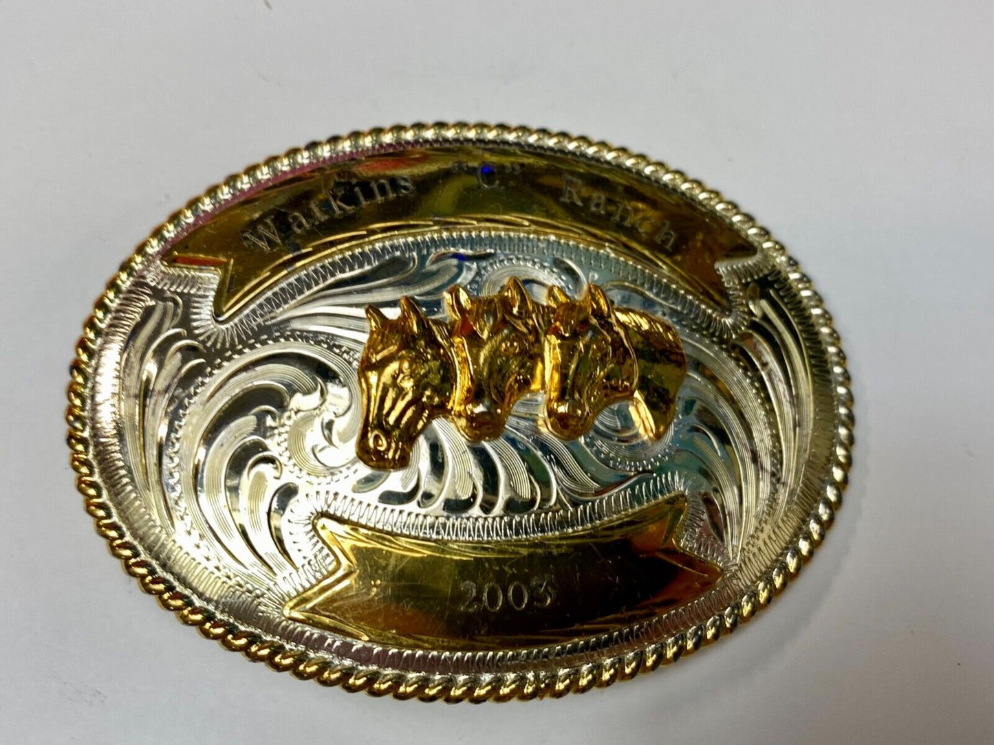 Three Horse heads silver tone? western belt buckle from Mexico- engraved ribbon