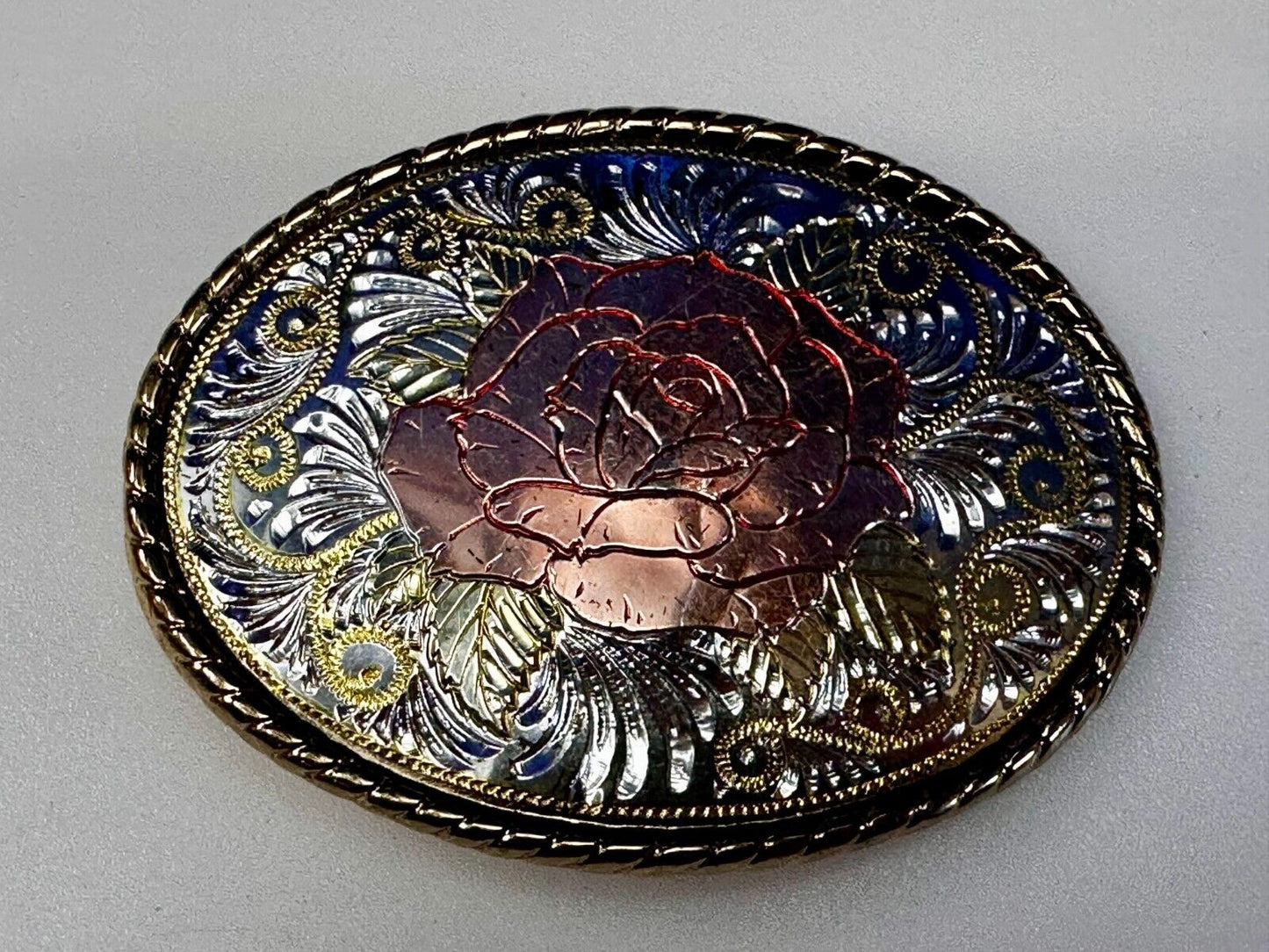 Beautiful Rose Small Etched Flower Swirl Design Vintage Belt Buckle W USA Made