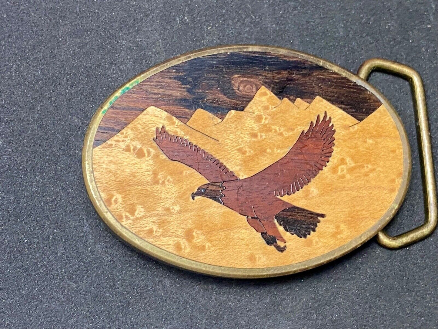 Vintage 1983 The great American Eagle mixed wood on solid brass BTS belt buckle