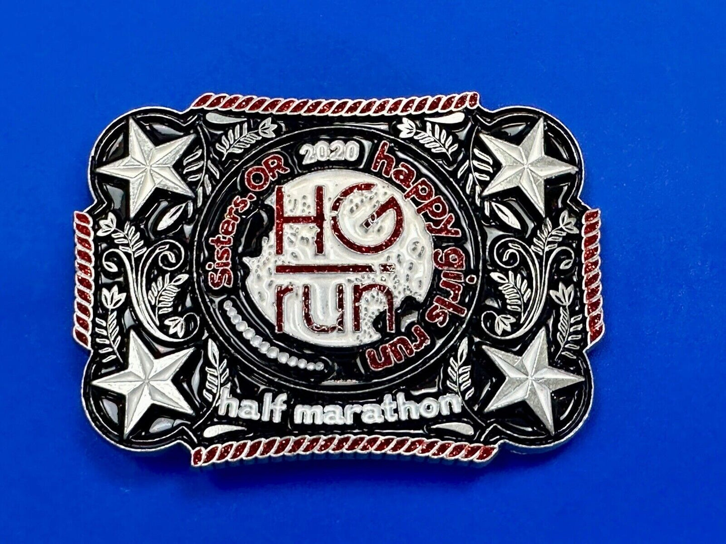 2020 Happy Girls Run HGR marathon silver tone stars in corner belt buckle
