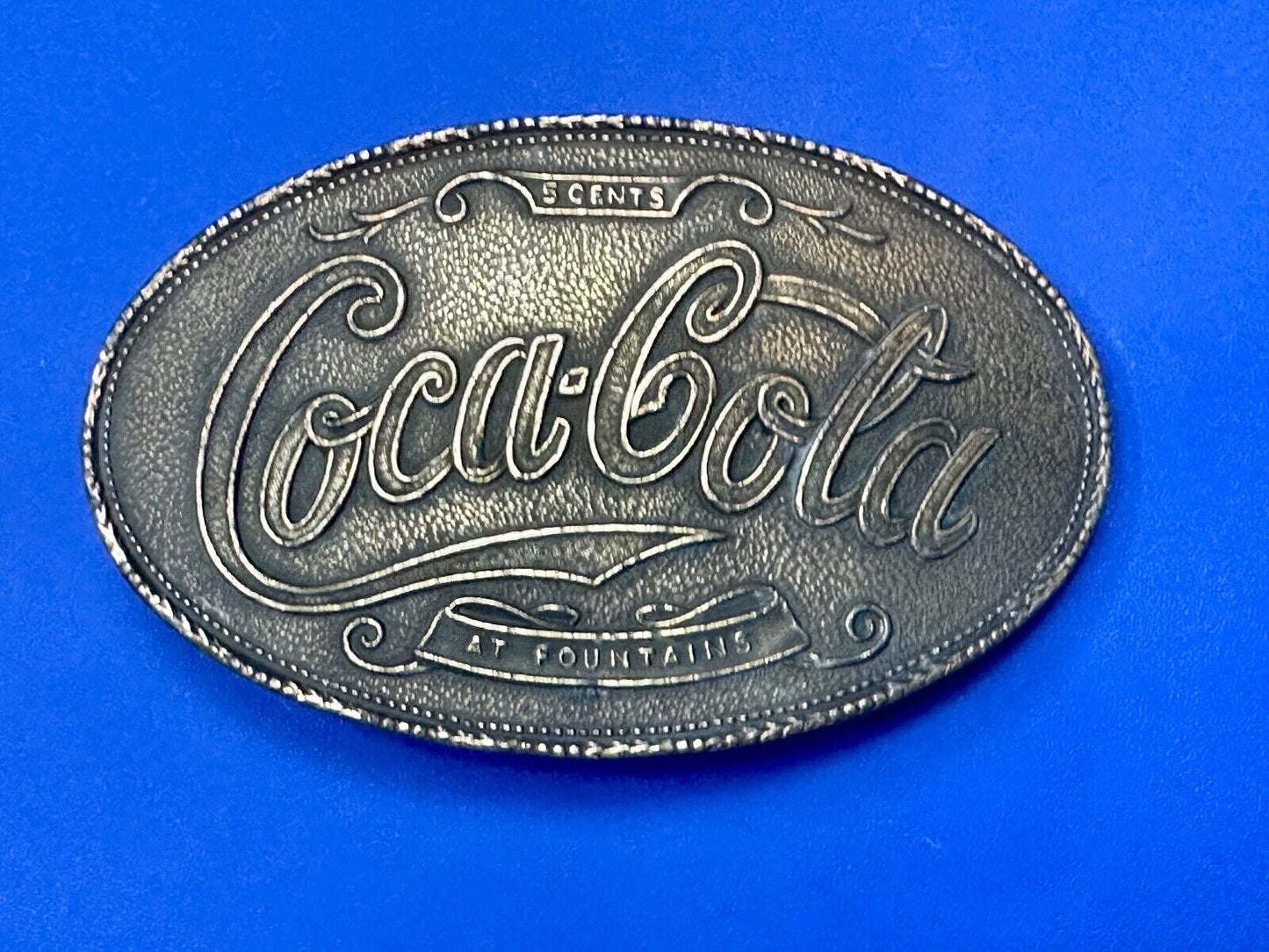 VINTAGE 1970s **COCA-COLA 5 CENTS AT FOUNTAINS** SODA POP BELT BUCKLE