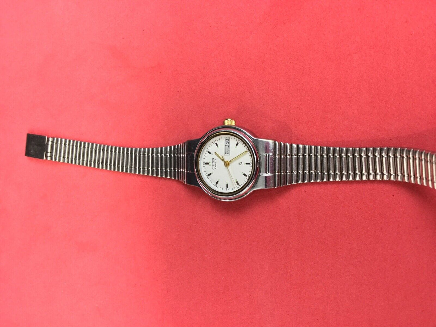 Vintage Citizen Cq Quartz Day Date 6000 Watchsilver Gold Mesh Ladies Women's