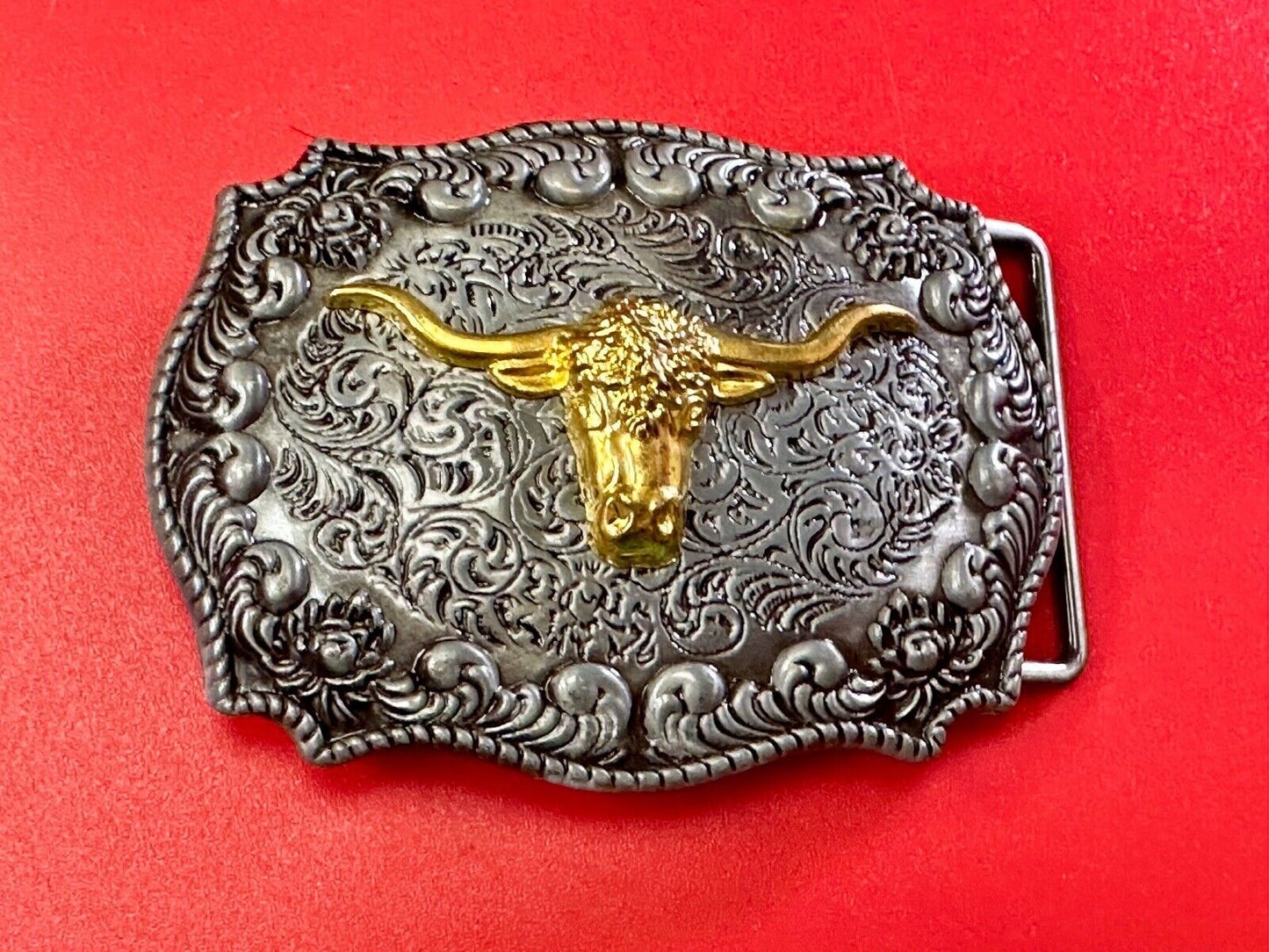 The Longhorn cow steer - cowboys cowgirls western raised two tone belt buckle
