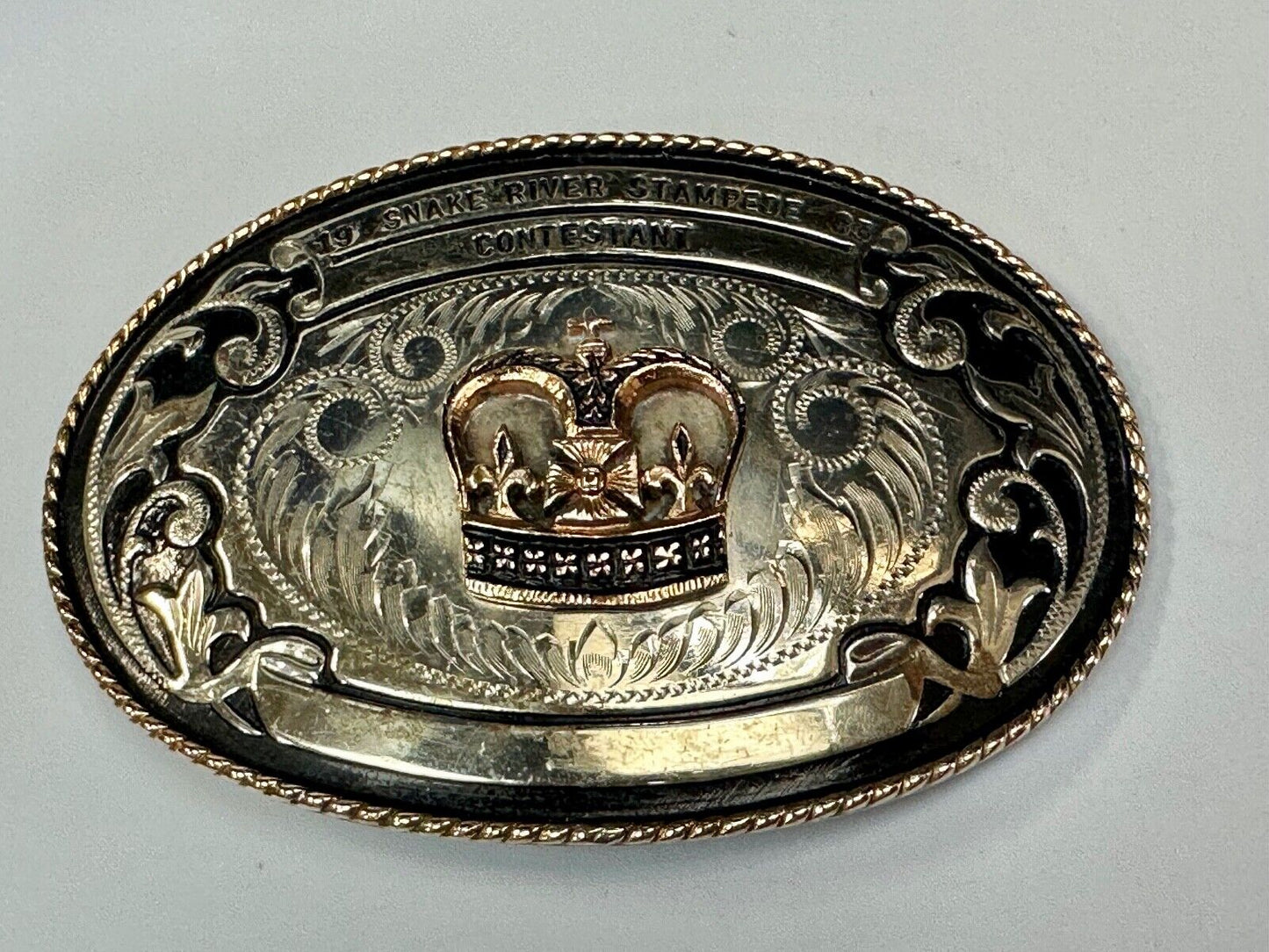 1983 Snake River Stampede Rodeo Idaho Trophy Comstock German Silver belt buckle