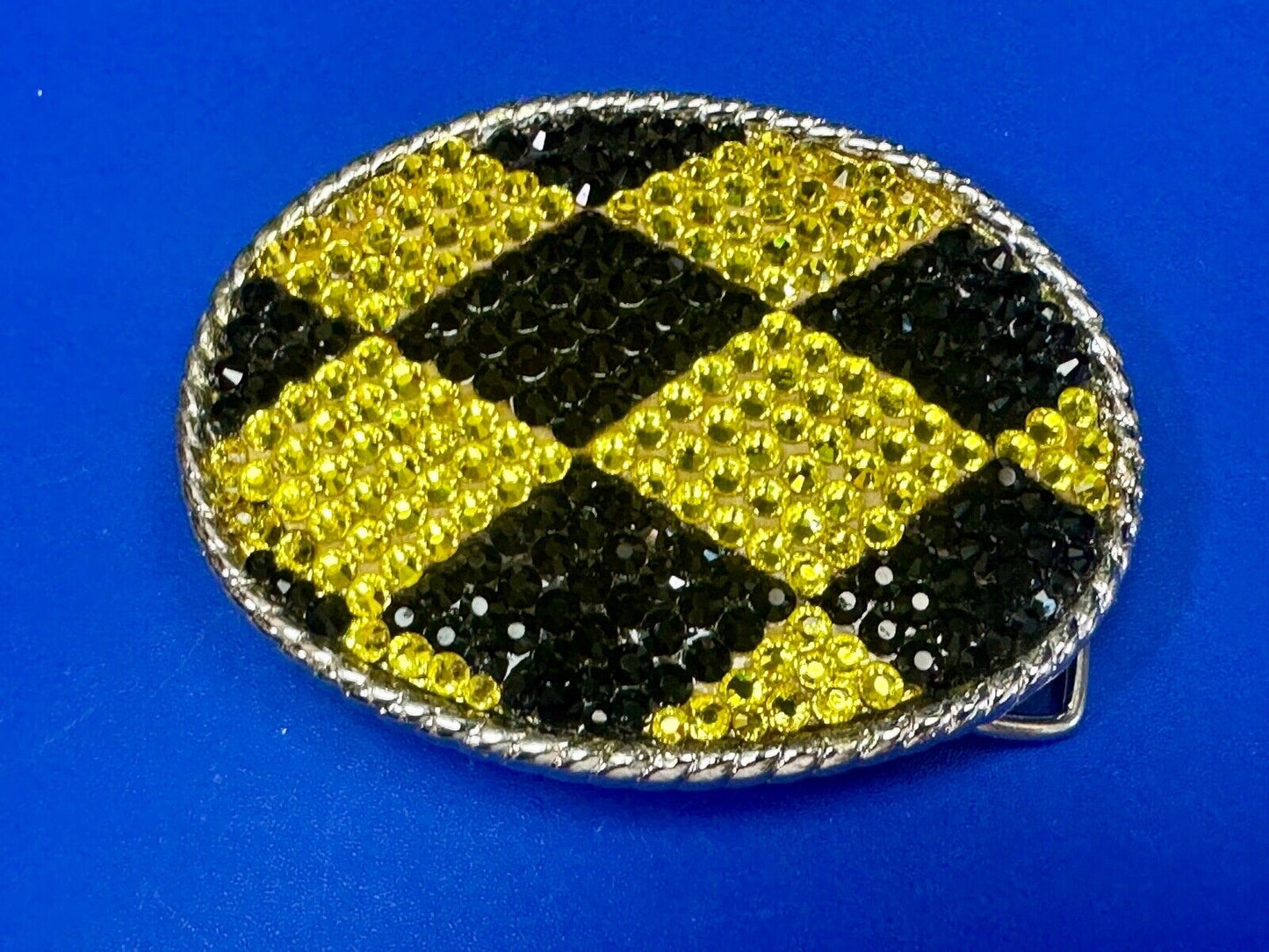 Black yellow rhinestone Jester Diamond Checkerboard pattern 3.5" belt buckle