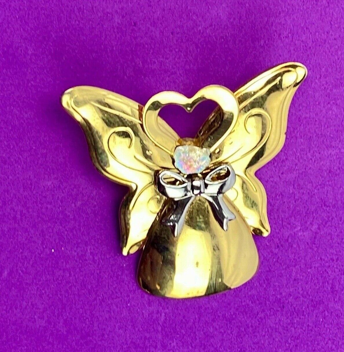 Vintage Angel Brooch Pin Gold Tone Rhinestone Heart Halo Butterfly Wings Jane