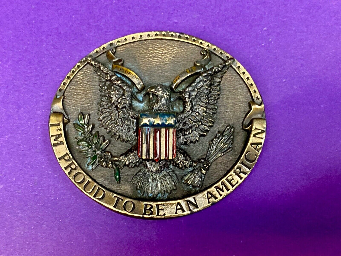 Vintage 1981 Im proud to be an American belt buckle by Bergamot Eagle and Crest