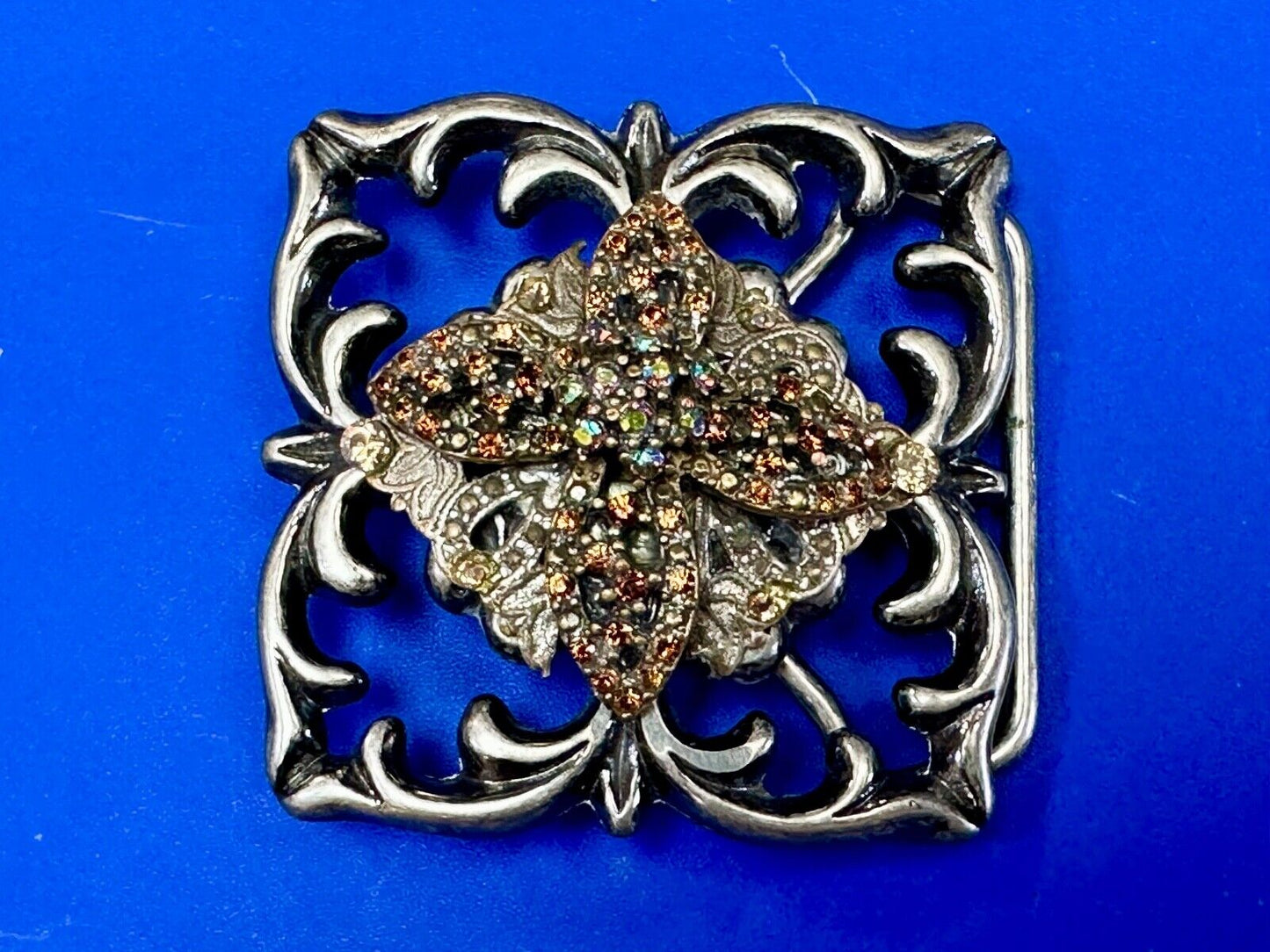 Artisan unique rhinestone mixed media see through silver tone belt buckle