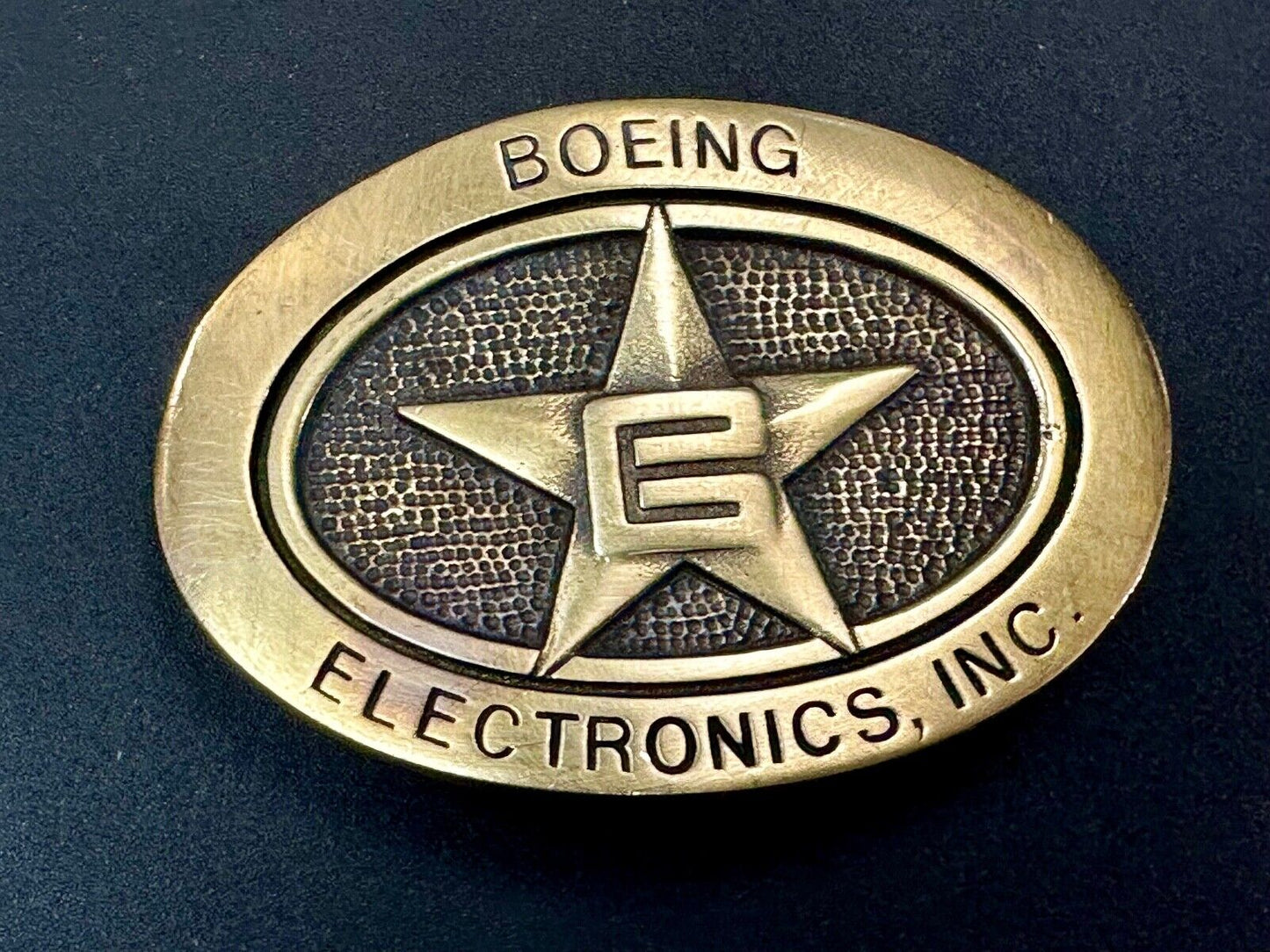 Vintage Boeing Electronics Inc Solid Brass BTS 1978 belt buckle Star Emblem