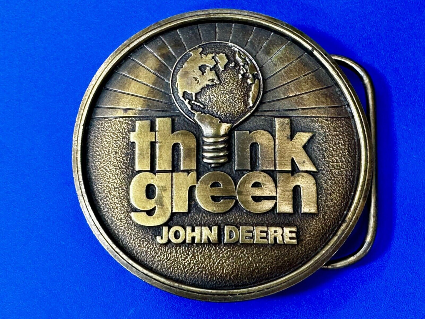 THINK GREEN - John Deere Farm Tractors Vintage Brass Tone Round Belt Buckle