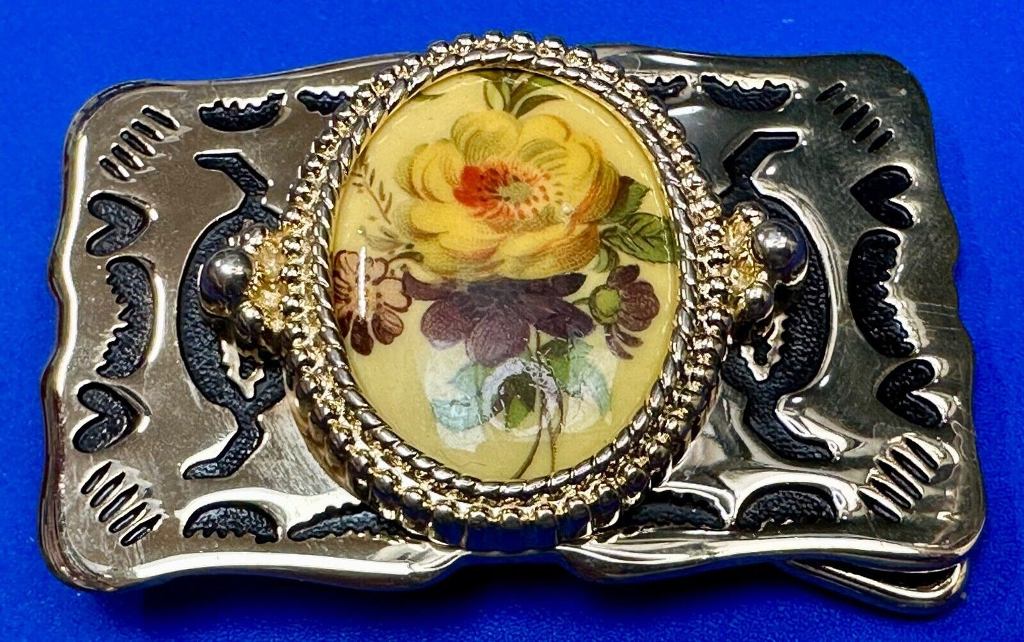 Art Flower Picture Cabochon Cab Centerpiece on gold tone Western Belt Buckle