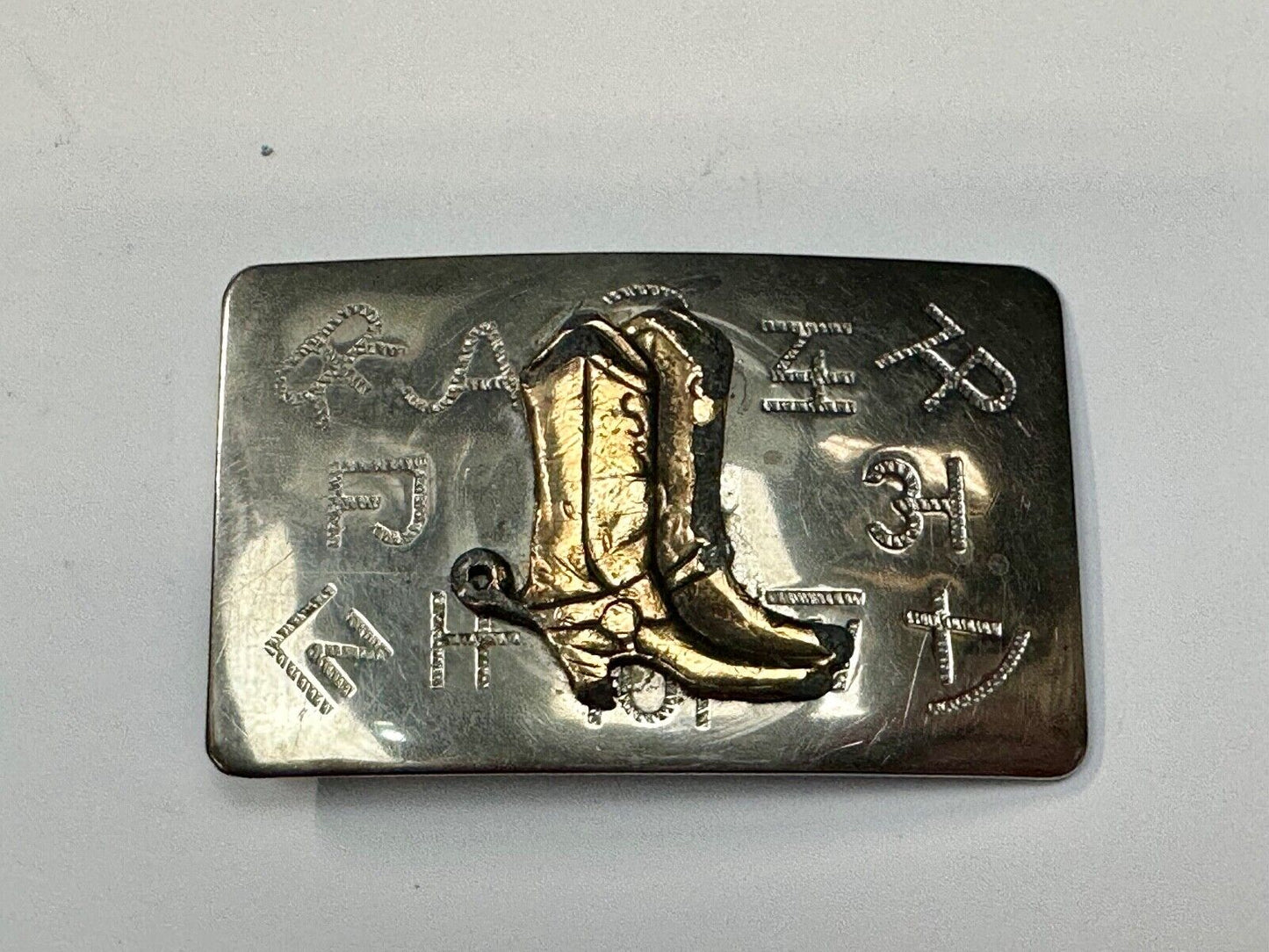 Vintage Cowboy Boots - Western two tone Chambers belt buckle with cattle brands