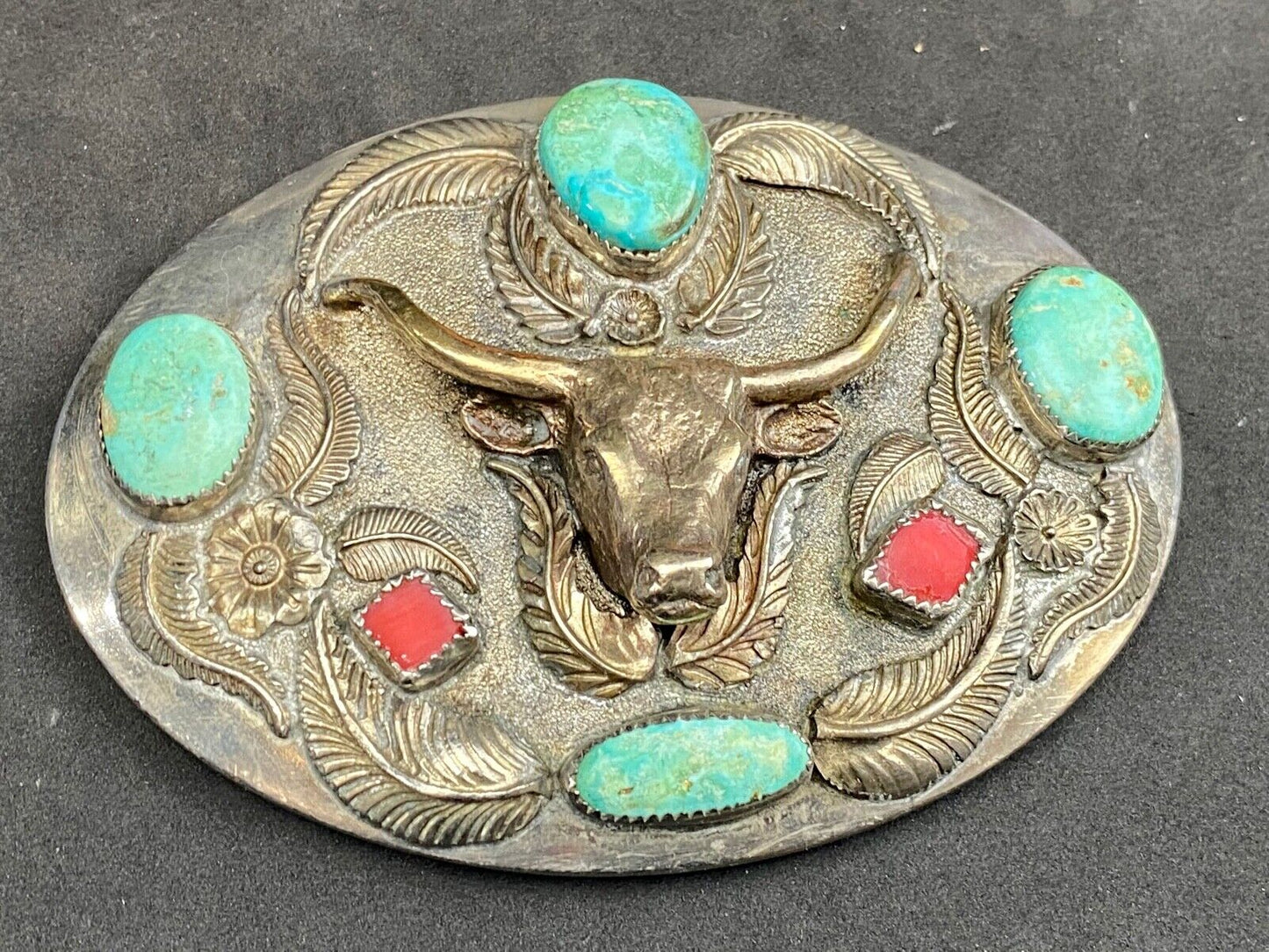 Turquoise & Coral Longhorn Western Belt Buckle By D.K.S. Dieter K.Stiglitz