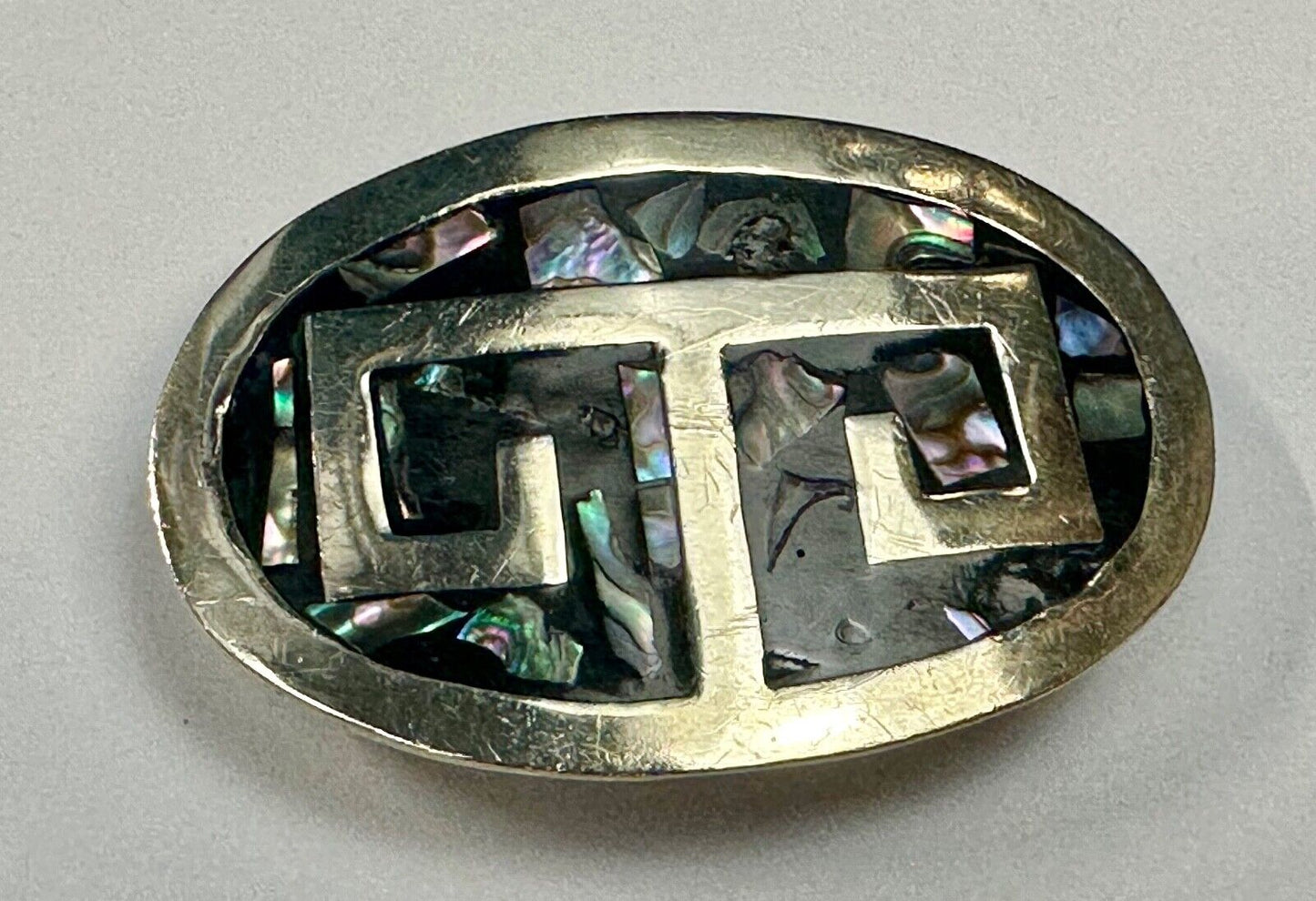 Vintage Alpaca Mexico Silver Tone Abalone Shell Pattern Oval belt buckle