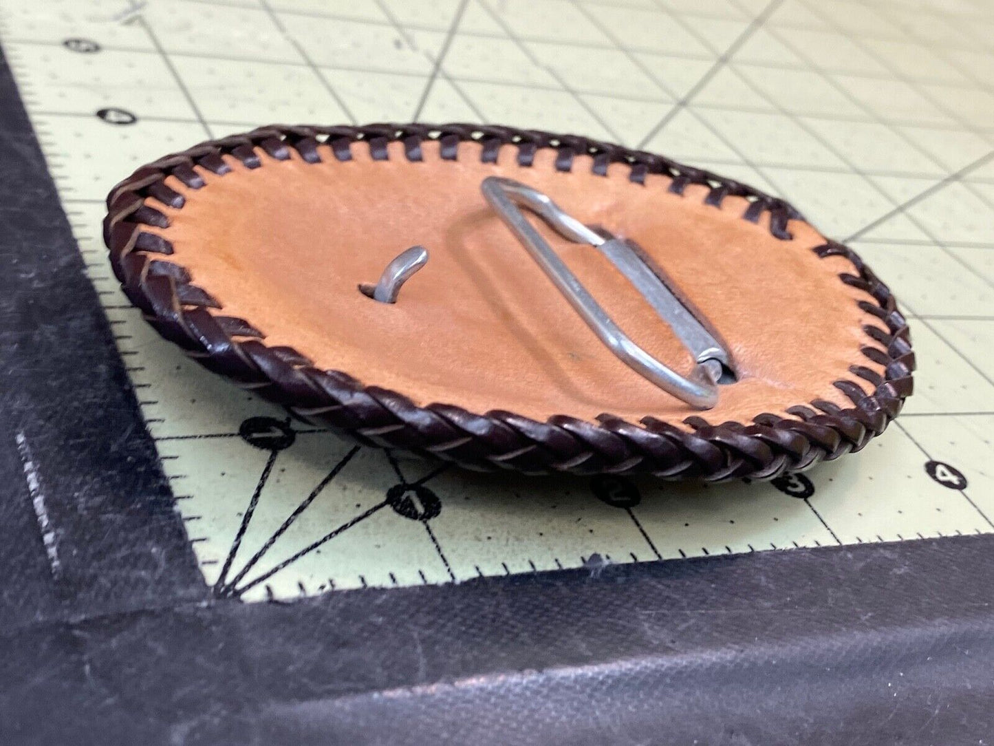 Vintage - Leather stitched belt buckle with Oil? company logo
