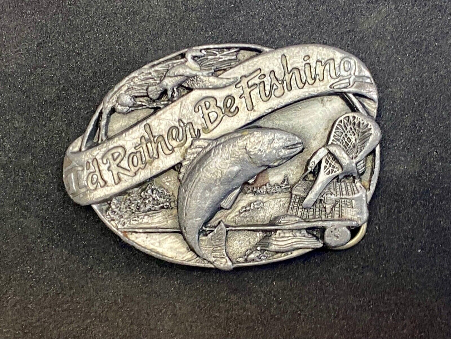 Vintage 1985 "I'd Rather Be Fishing" M-30 Pewter Belt Buckle - Perfect Gift!