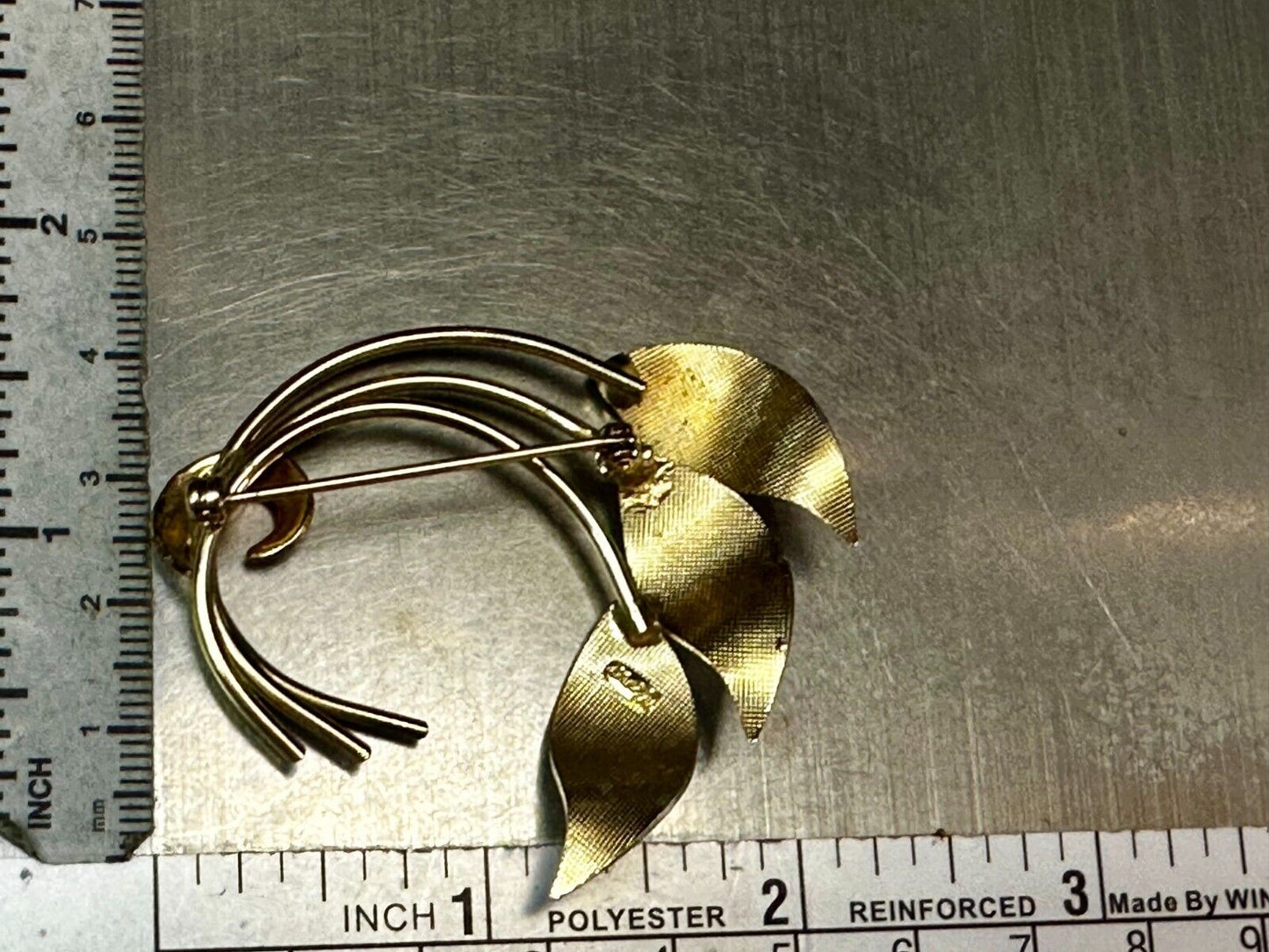 Three Curved Leaf with Tied Stem 2" Gold Tone Brooch Pin Signed by Coro