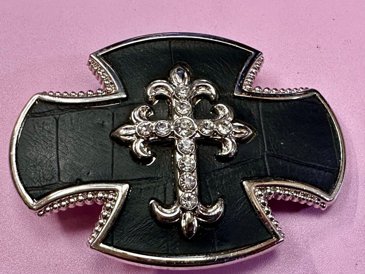 Black Leather Cross W/ Rhinestones Motorcycle Riders Goth Fashion Belt Buckle