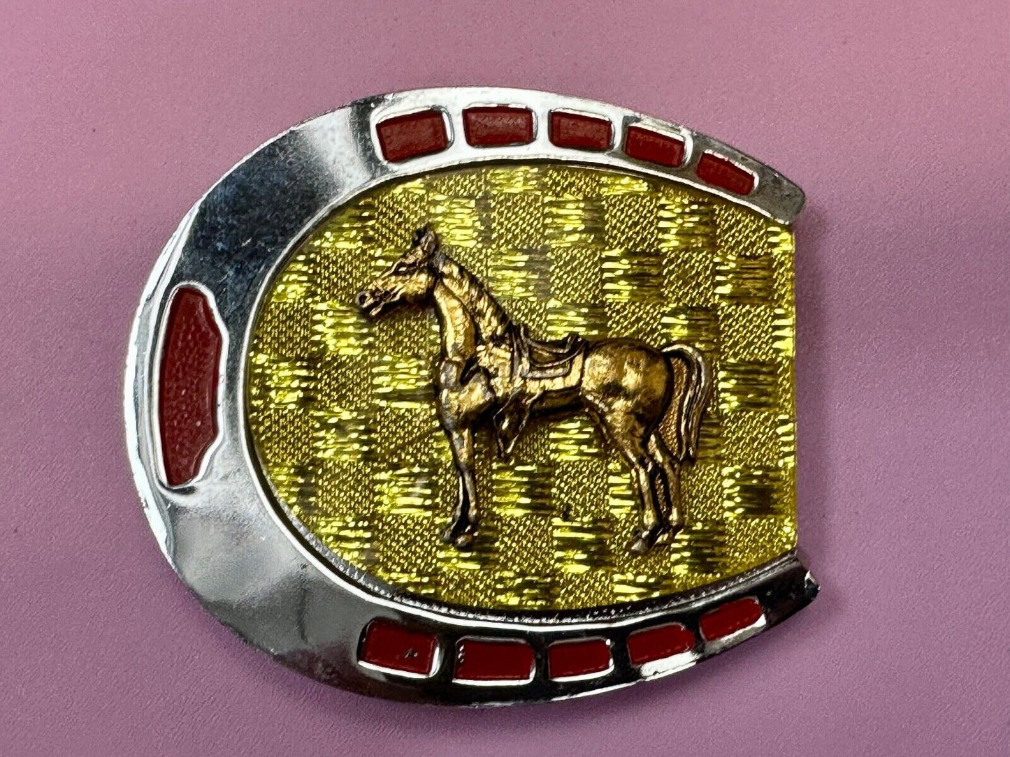 Artisan Resin covered Horseshoe shaped Belt Buckle with gold tone standing horse