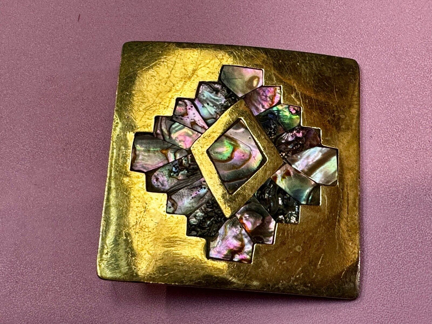 Vintage Inlaid Abalone Shell Into Solid Brass Hippy Vibe Alpaca? Belt Buckle