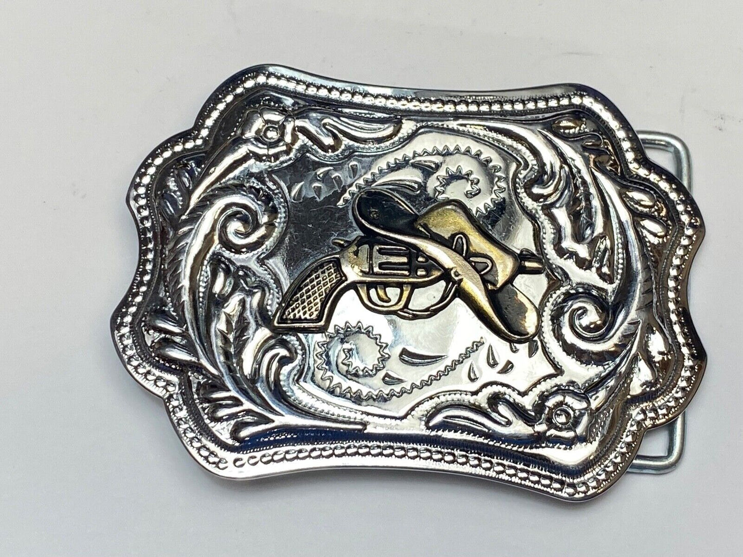 Vintage Cowboy Hat & Revolver Pistol Western Belt Buckle Cap Gun Buckle