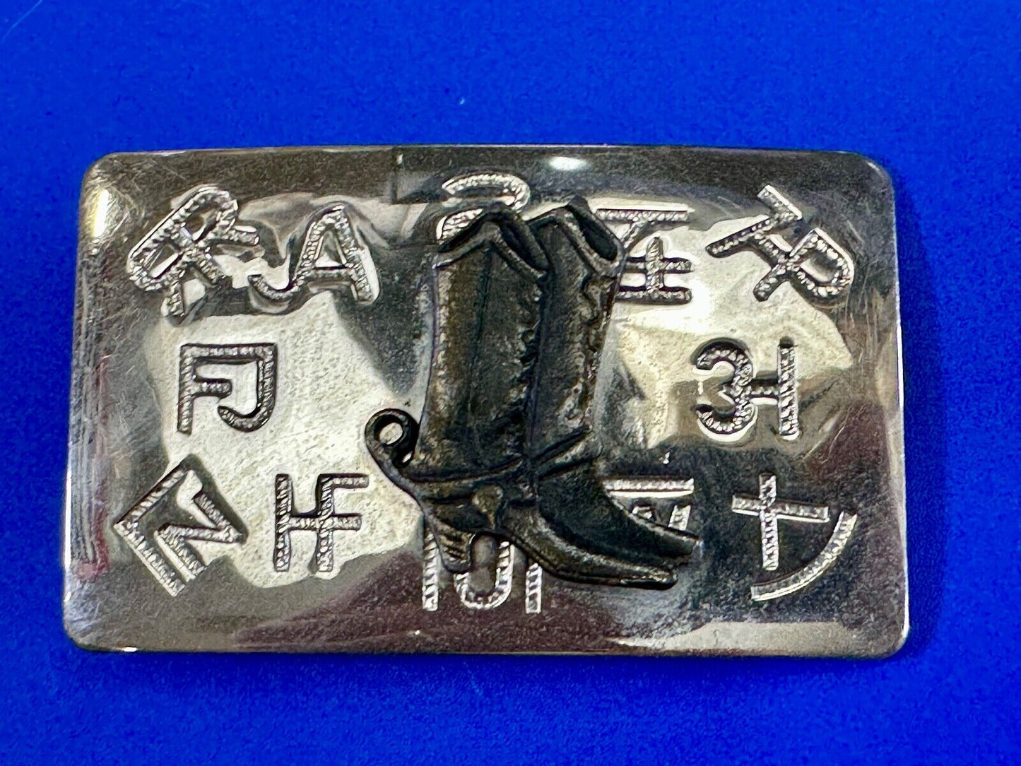 Vintage Chambers Western Cowboy Boots and cattle branding symbols belt buckle