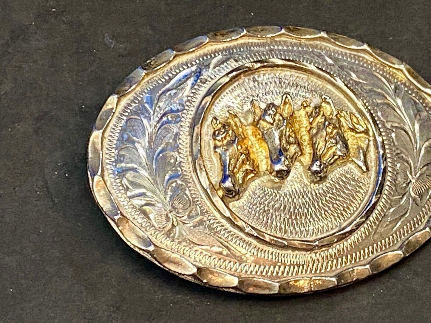 Three Horse Heads - Vintage Silver belt buckle. See makers mark!
