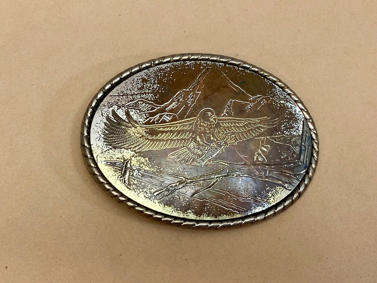Vintage Engraved Western Ware Eagle Over Mountainside Belt Buckle Signed W