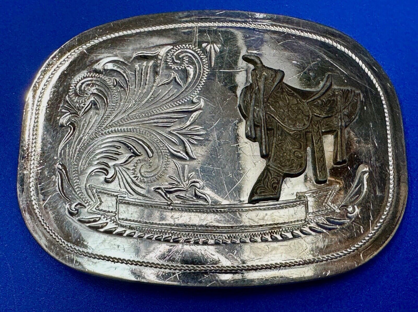 Vintage Cowboy Horse Saddle western belt buckle - blank award ribbon