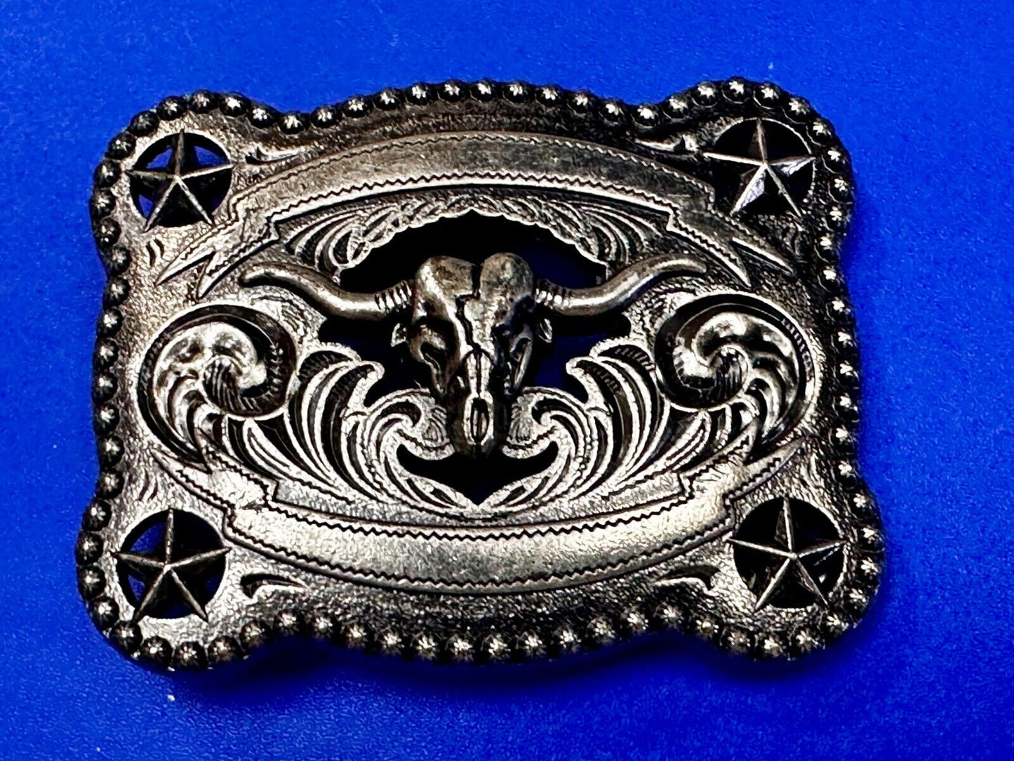 Texas Longhorn Steer / Corner Stars - Engravable Blank Award Scroll Belt Buckle