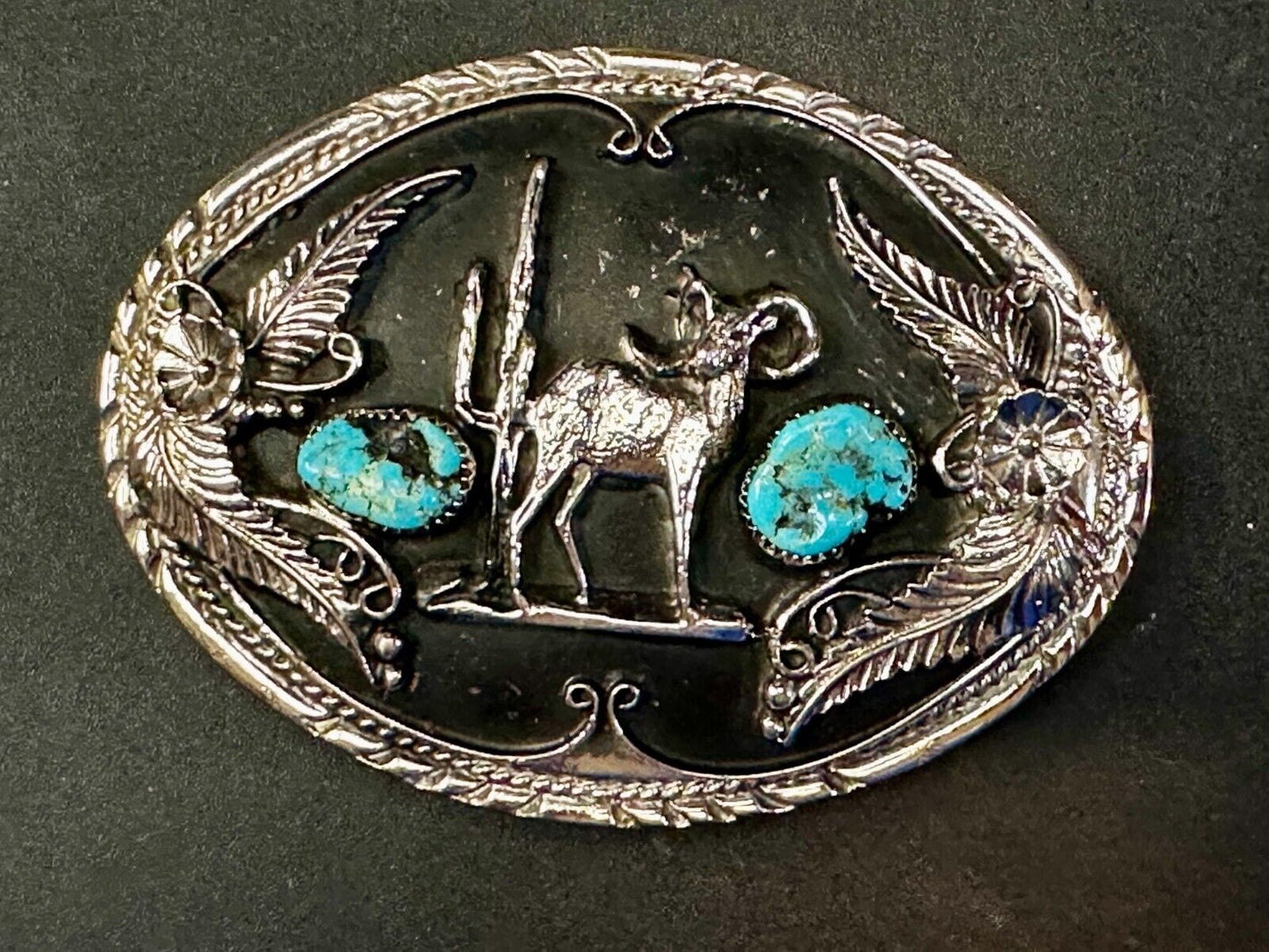 Bighorn Sheep Ram Mountain Goat Turquoise Stone Flower Leaf Western Belt Buckle