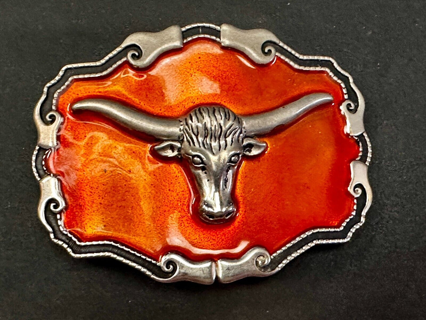 Texas Longhorn Cow Head Steer Orange Enameled Western Cowboys Rodeo Belt Buckle