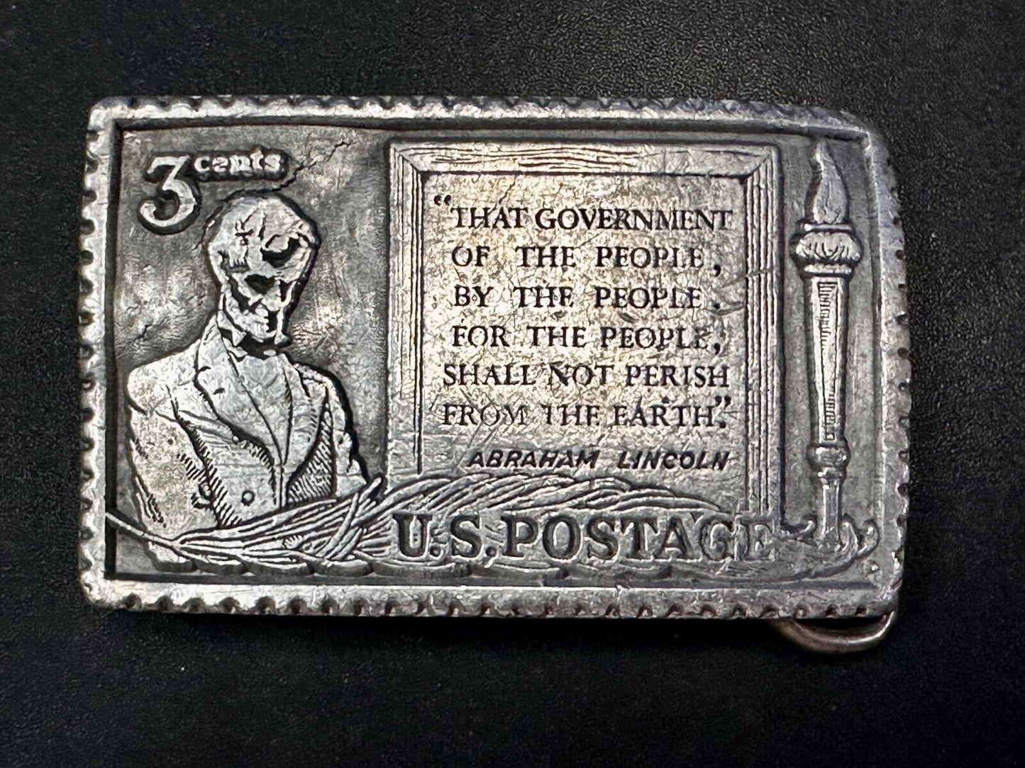 3 Cent Honest Abe Lincoln Stamp Collectors USA Patriotic Pewter Belt Buckle