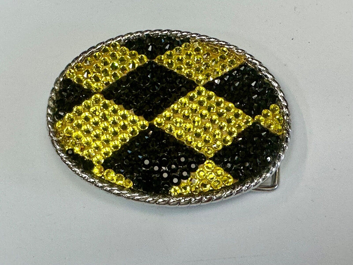 Black yellow rhinestone Jester Diamond Checkerboard pattern 3.5" belt buckle