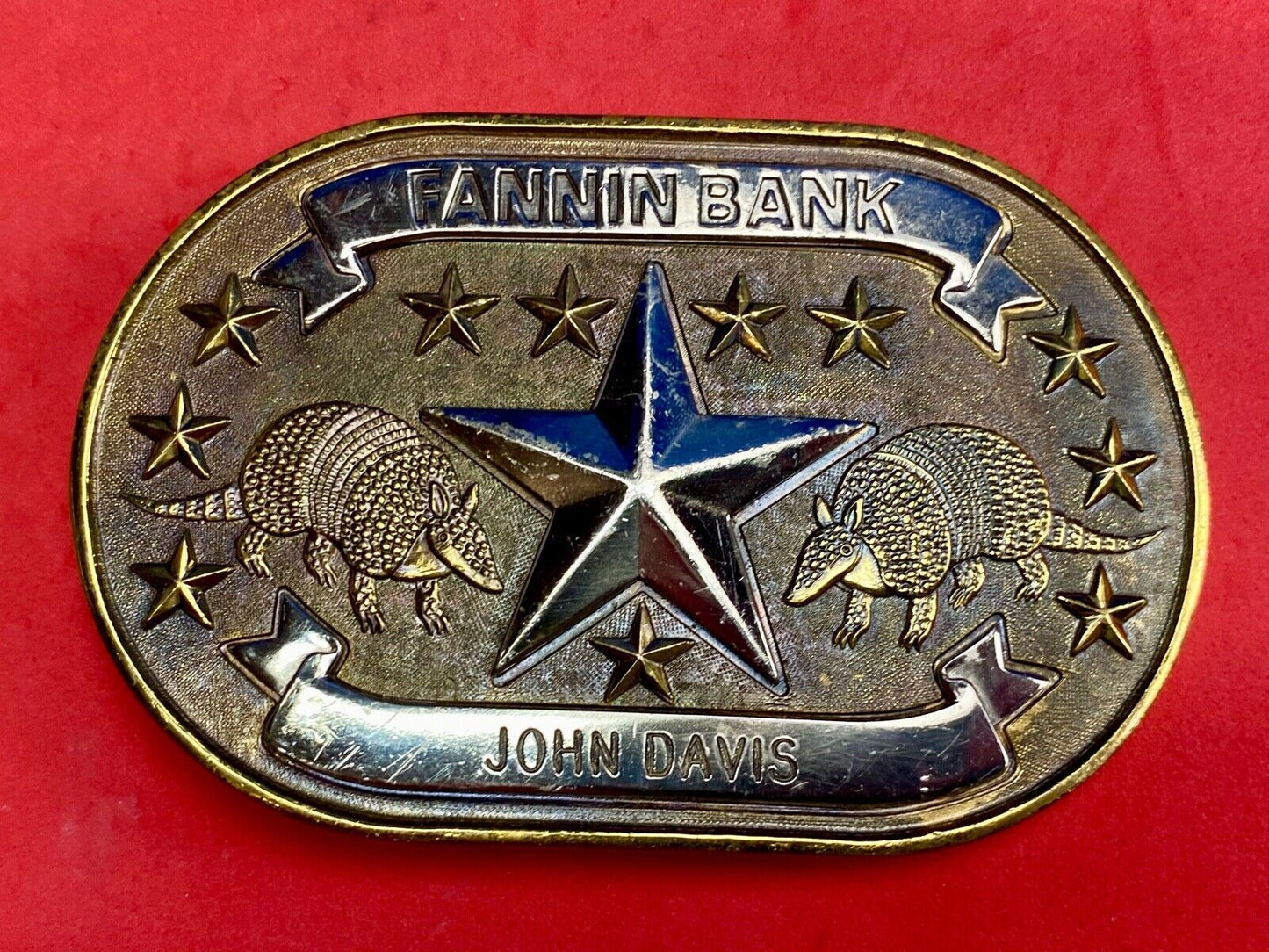 Texas Fannin Bankn The Lone Star State And Armadillo Promo Belt Buckle By Sac