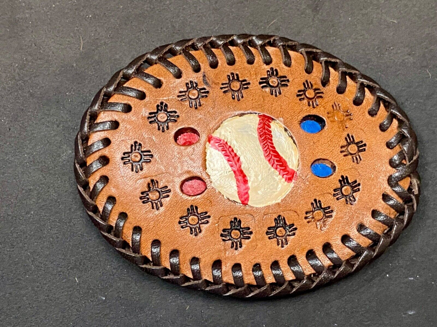 Vintage Baseball Brown Leather Hand Stitched Oval Belt Buckle - Ultimate Fan