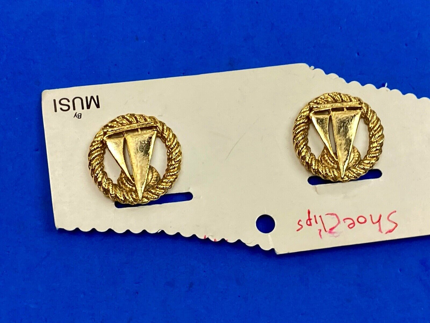 beautiful two piece Sailboat gold tone small vintage belt buckle signed Musi