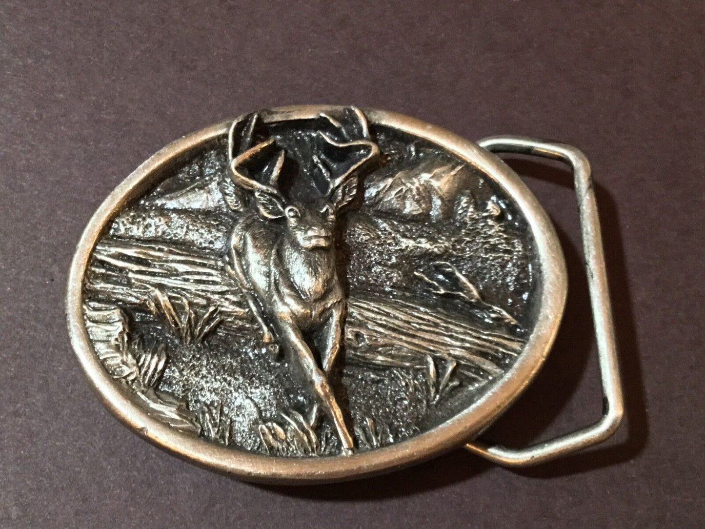 Vintage 1984 Bergamot brass works F-143 Strong DEER jumping over log fallen tree