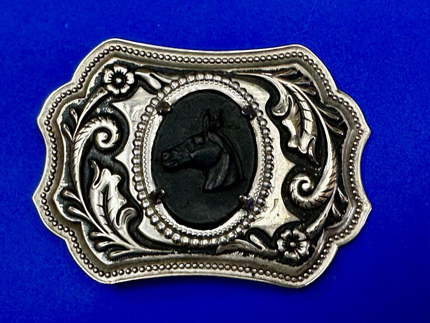 Black Horse Head Cabochon Cab Shaped Centerpiece on Western Belt Buckle