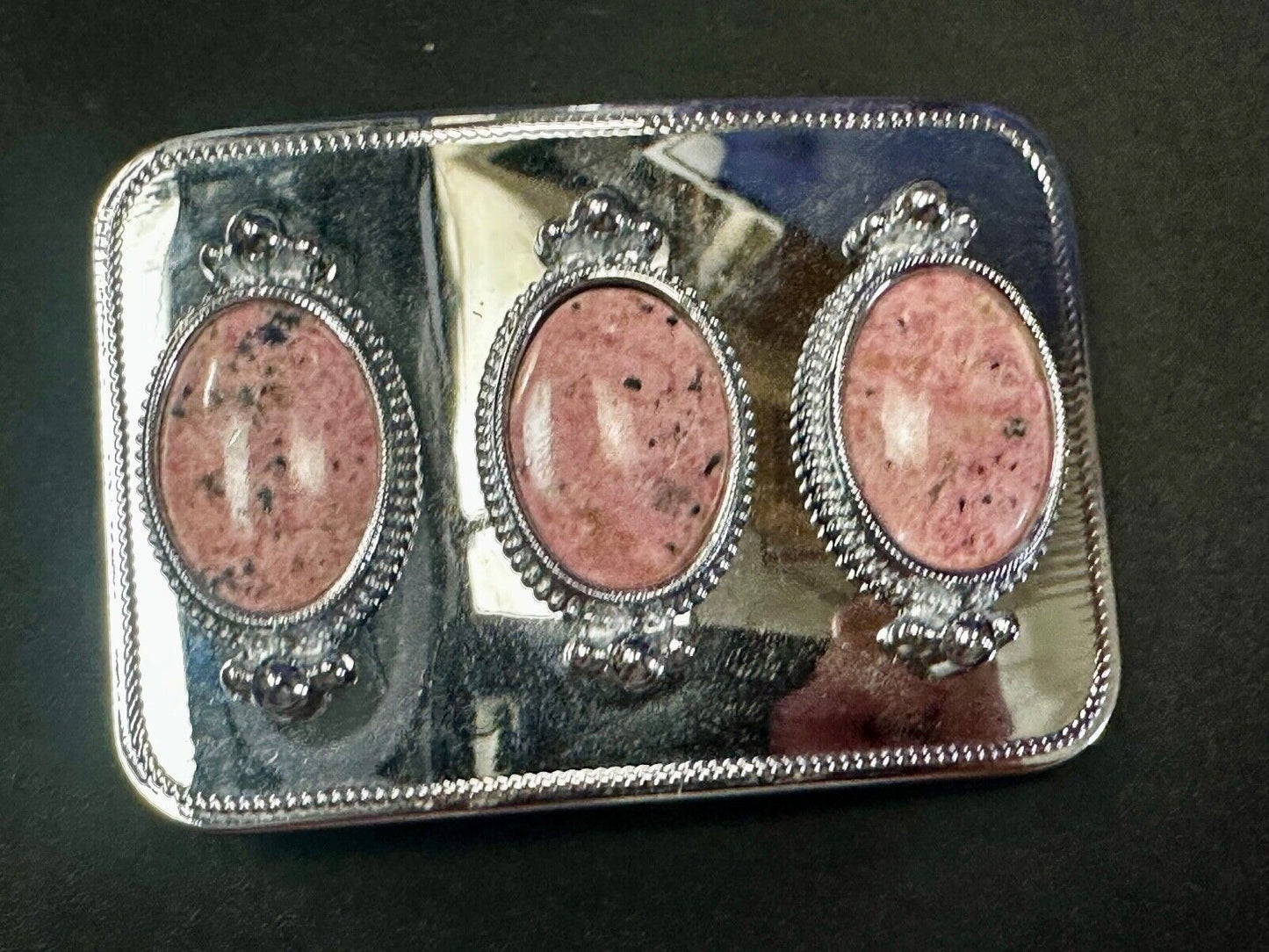 Three Piece Pink Cabochon Cab Stones on reflective silver color Belt Buckle
