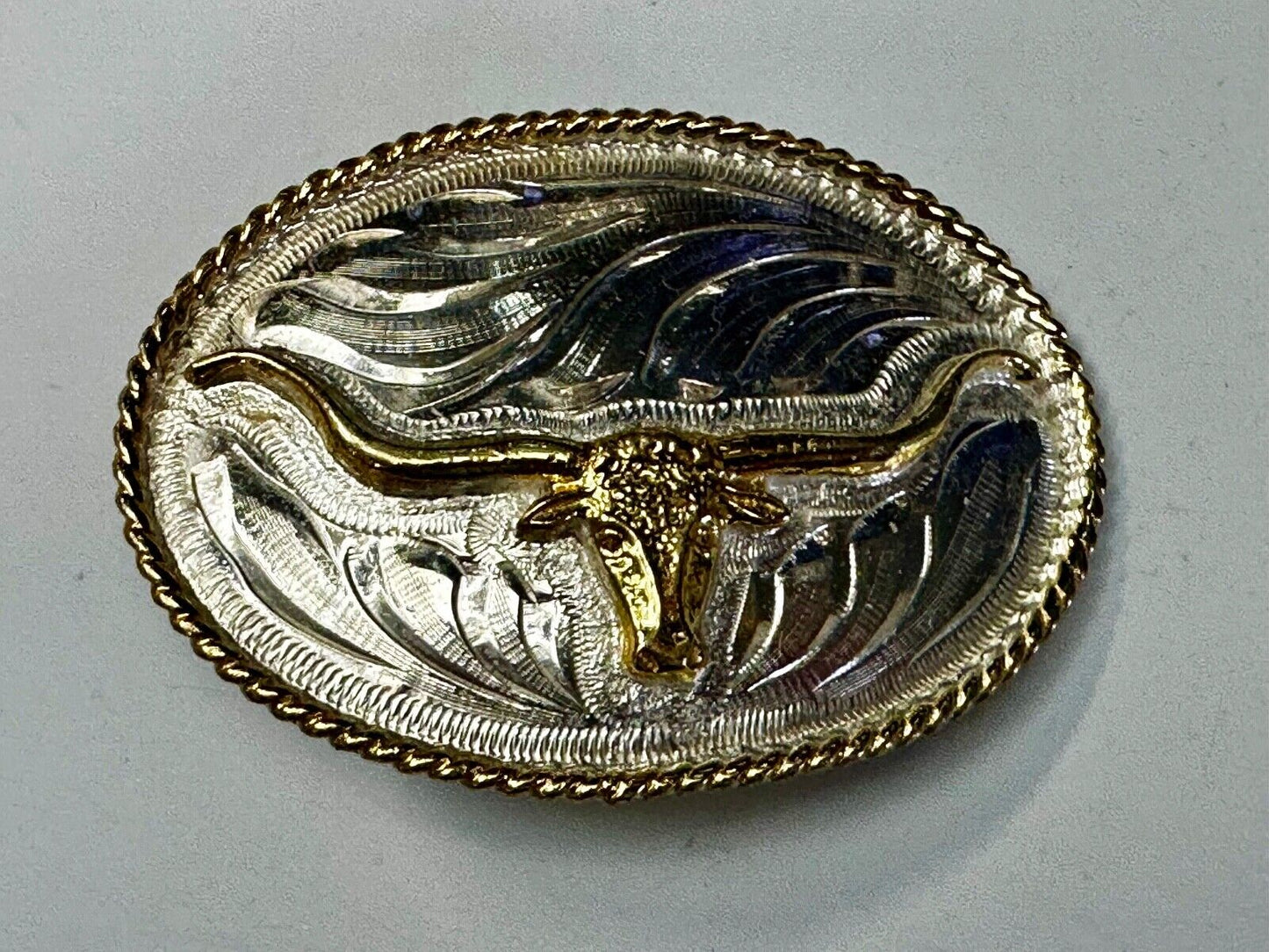 Beautiful Longhorn Western Cowboys Steer Vintage Two Tone Alpaca Mex Belt Buckle