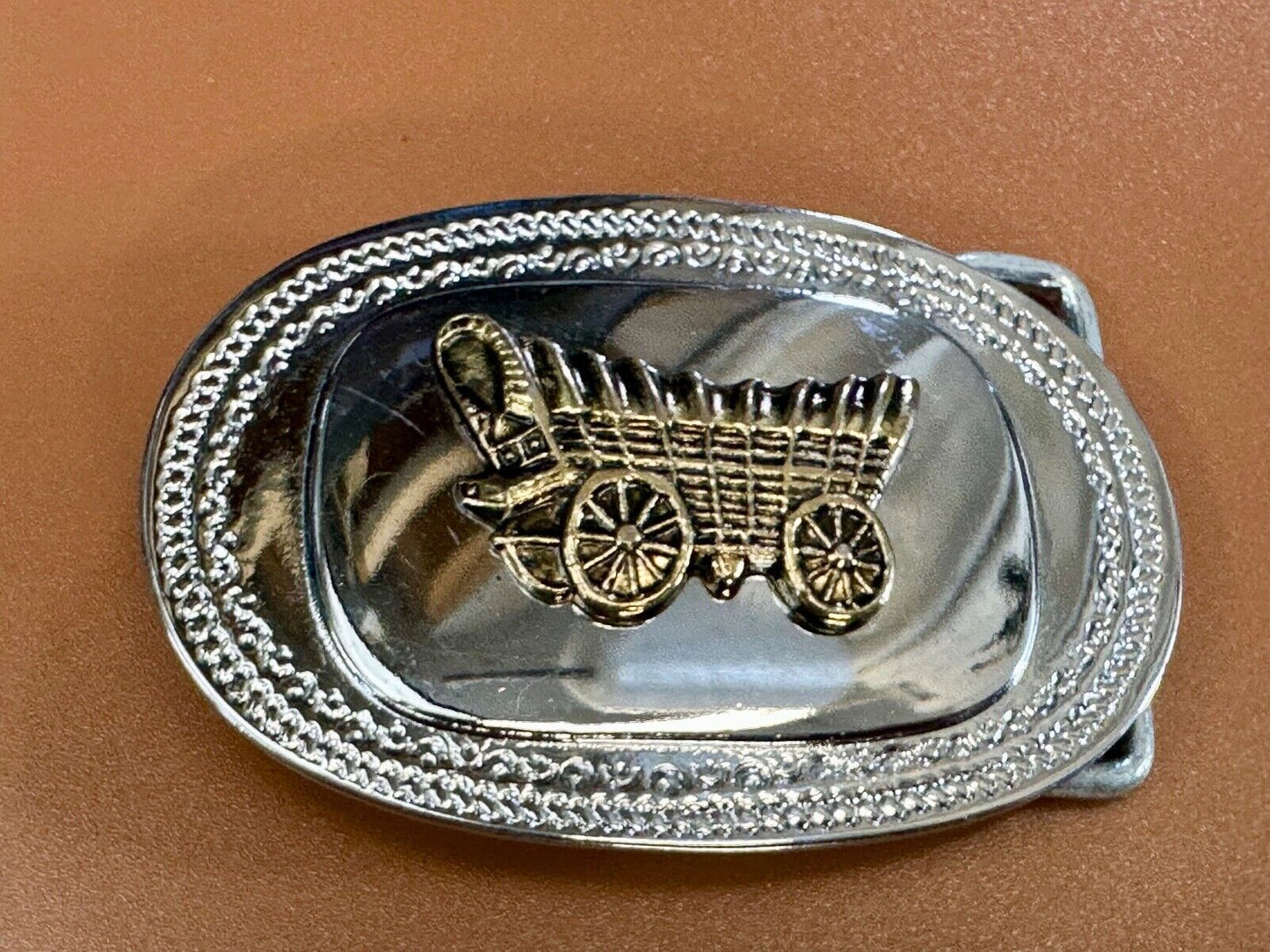 Vintage Covered Wagon - western two tone outlined belt buckle