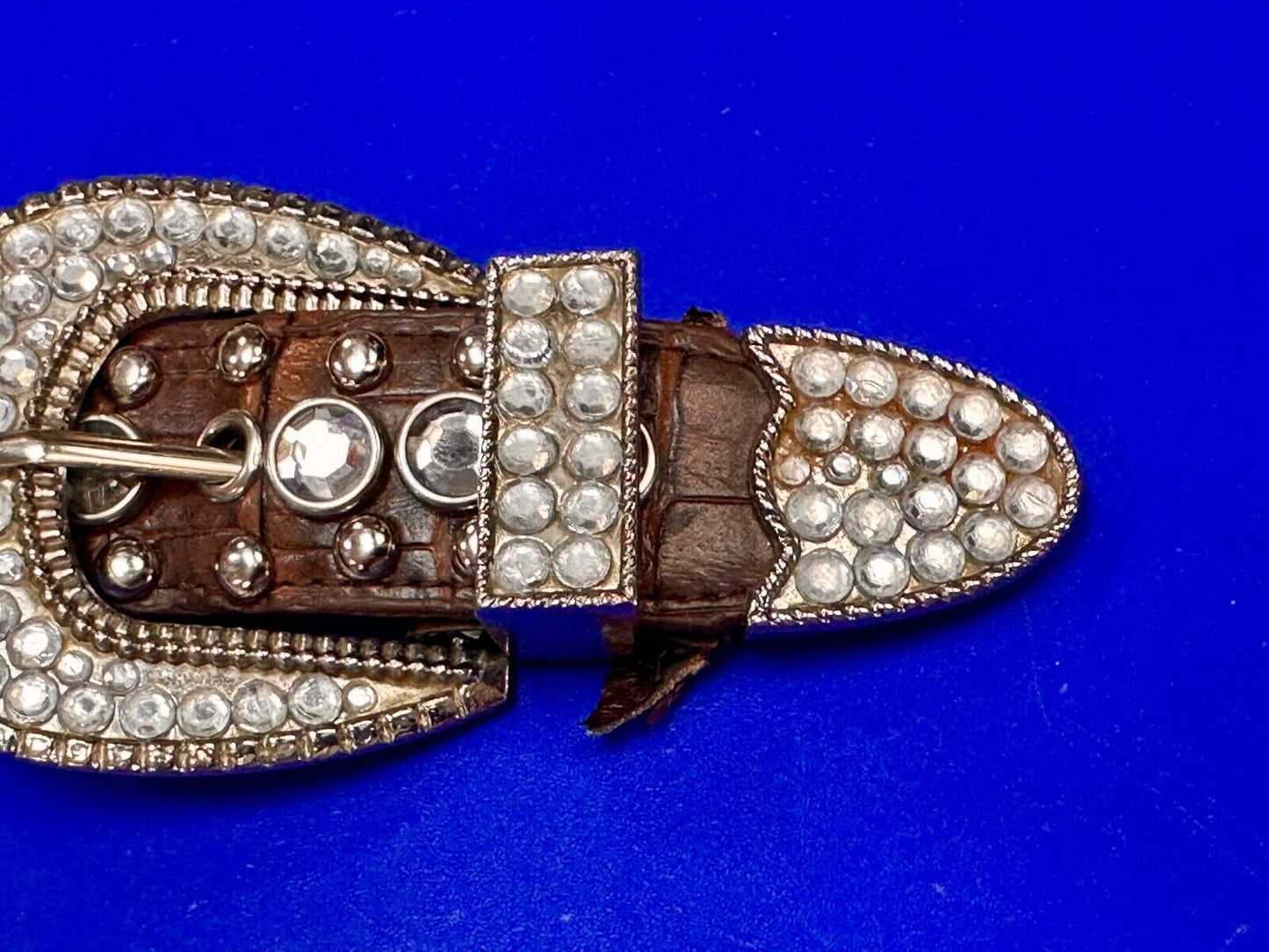 Three Piece western silver tone rhinestone ranger set belt buckle tip & keeper