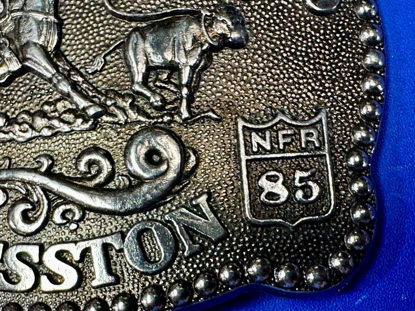 1985 NFR Rodeo Vintage Hesston Belt Buckle Steer Wrestling Cowboy
