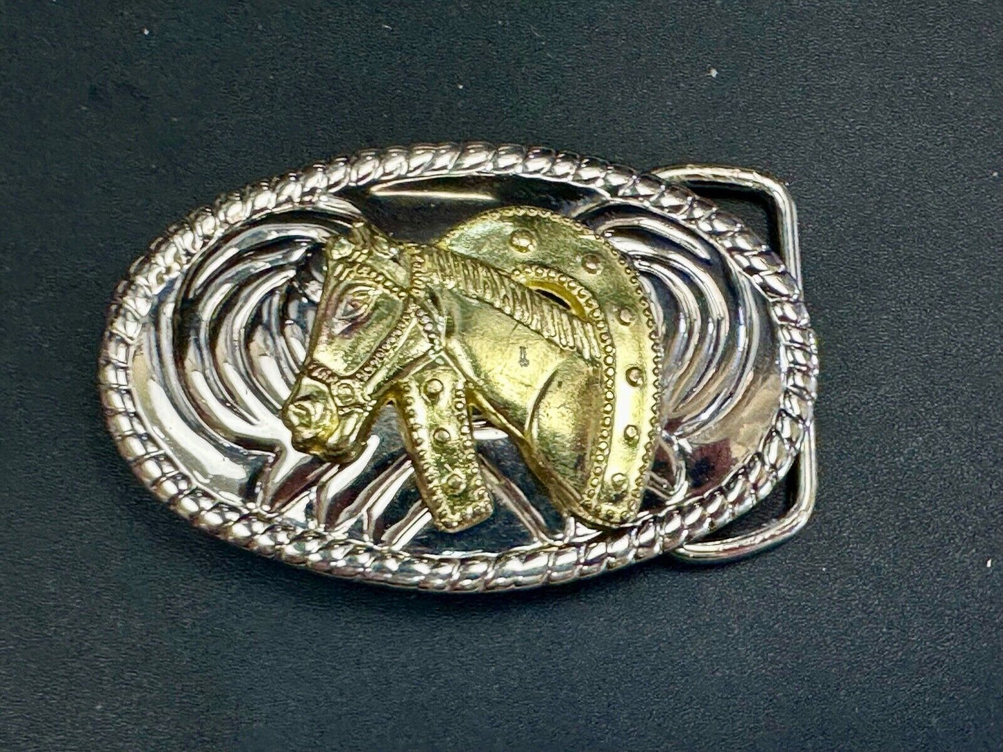 Beautiful NOS Horse head / lucky horseshoe - small two tone oval belt buckle
