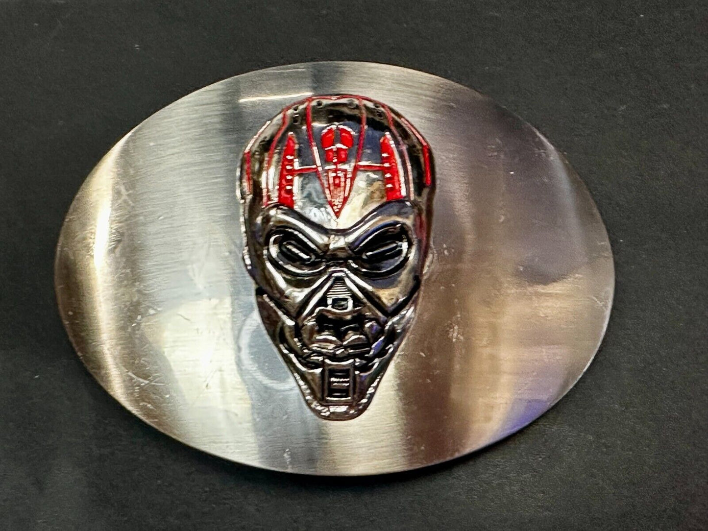Terminator Skull Head Gothic Vibe Silver Tone Biker HUGE oval Belt Buckle