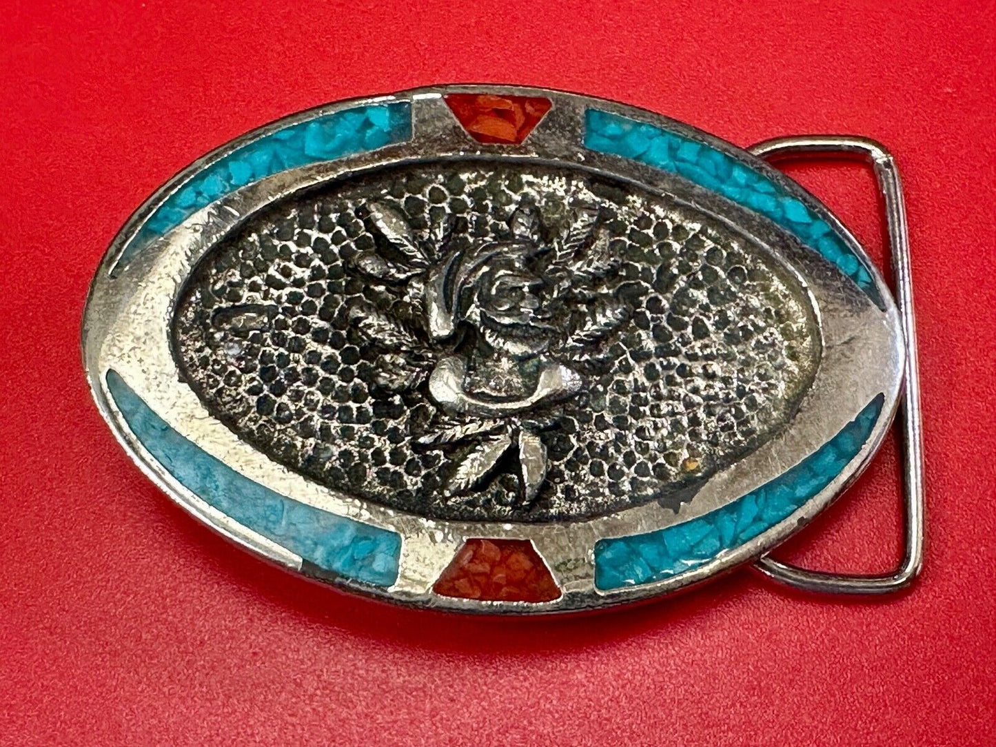 Beautiful ROSE flower Crushed Turquoise and Coral chip Boarder belt buckle by TT
