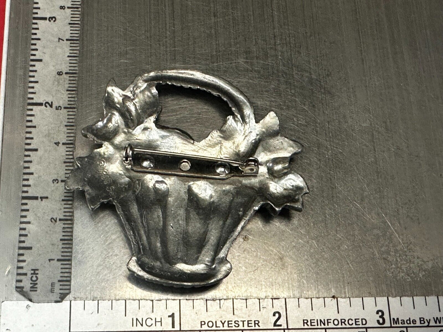 Vintage 1980's Flower Basket Floral Pewter Brooch Pin Signed Seagull Canada